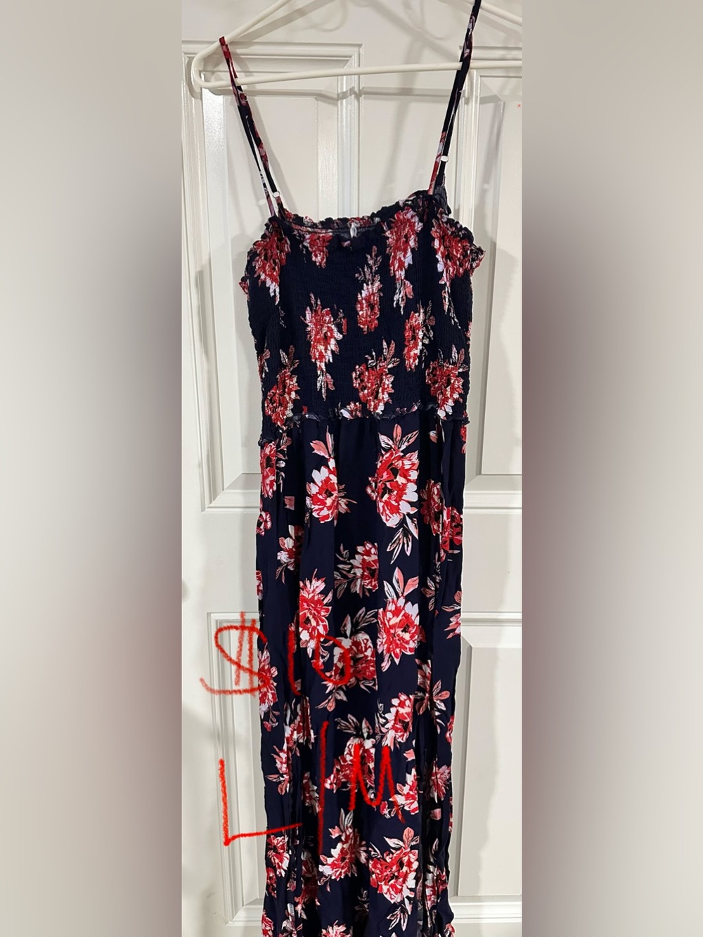 Floral Smocked Maxi Dress - Navy with Red Floral